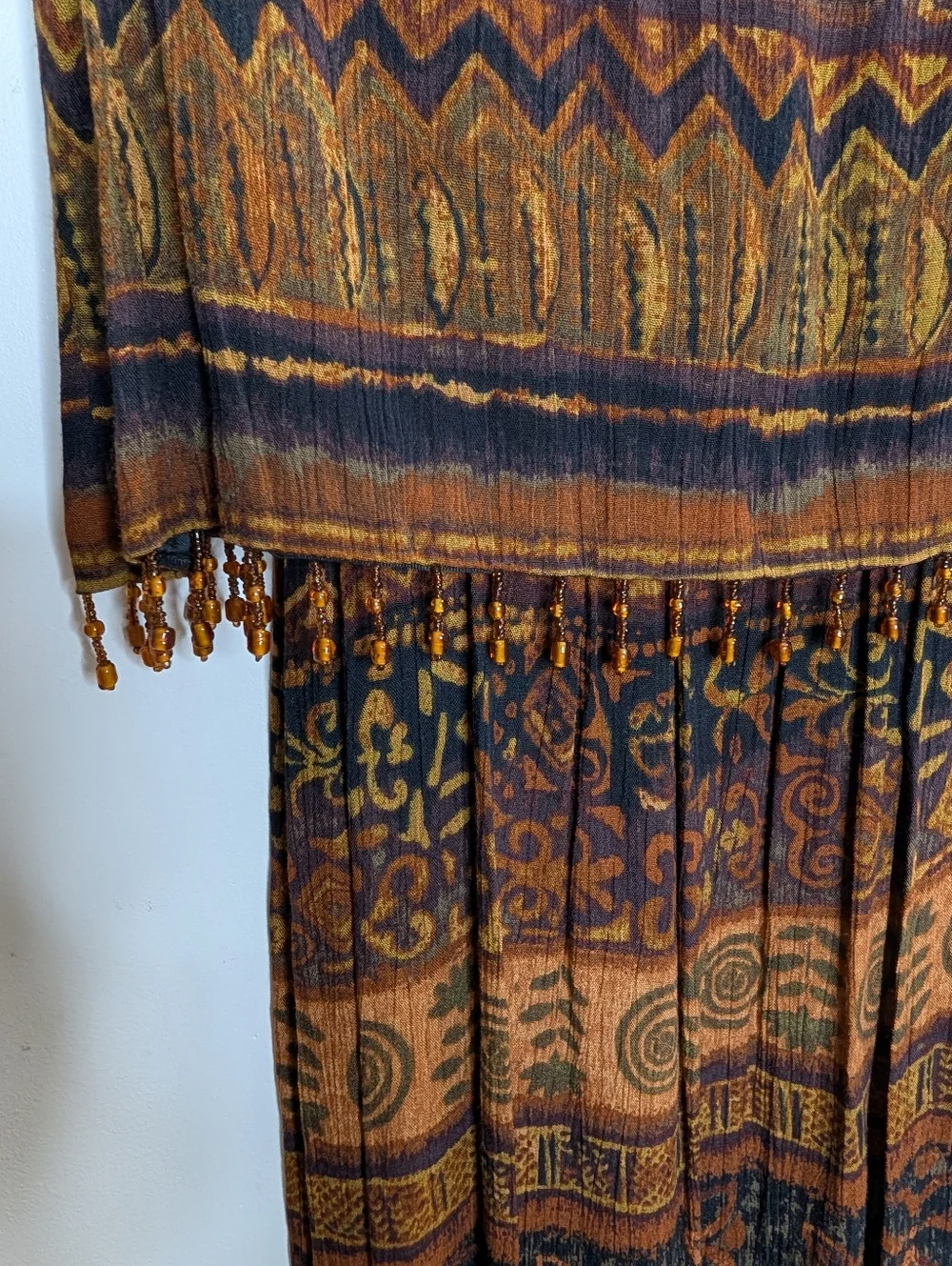Earth Song Petite Boho Maxi Dress Brown Tribal Print Beaded Hem Size 2P - Picture 6 of 9